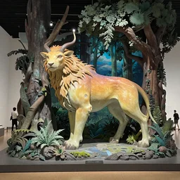 overview wide of a stunning lyrical charming imaginative sculpture of a living mythical creature strange giant animal born from forest by james prosek, sarah ann loreth, zhelong xu and ghibli in a modern museum installation. smooth colors gradient. creature like in horizon forbidden west horizon zero