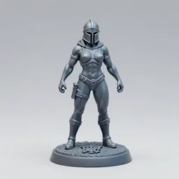 80mm resin detailed miniature of a helmeted muscular woman in full-face iron helmet, stomach, navel, boots, Logo, textured disc base; Product Introduction Photos, 4K, Full body, view from front