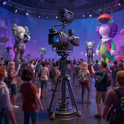 animated film festival, psychadelic cameras and projectors, metaverse crowds, 3 d render, in the style of kaws and peter mohrbacher