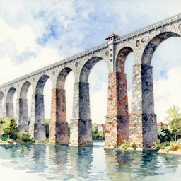 city bay bridge aqueduct, colorful watercolor. by rembrandt, ralph mcquarrie, escher aluminum, cast iron 1 6 6 7
