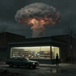 car outside drugstore with giant mushroom cloud rising, by edward hopper, by, by theodore gericault, dark, unsettling, unreal engine 4 k hd masterpiece trending on artstation, nightcafe, mysterious, drab, dystopian