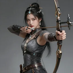 beautiful extremely detailed intricate concept art depicting an archer by wlop. shining jewelry. grey atmosphere. particles in the background. deviantart