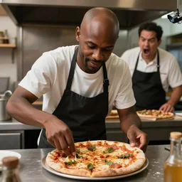 a bald black man making a pizza while the restaurant owner is yelling at him, security camera footage, high definition