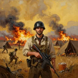ismail inceoglu epic painting of vietnam war, year 1 9 6 5, vietnamese camp, fire smoke and explosions, line art, ink, art concept for a book cover, red dead redemption, warm colours. oil painting, highly detailed, centered, hyperrealism, romantic, concept art, smooth, sharp focus trending on artstation, by greg manchess and by craig mullins and by kilian eng and by jake parker