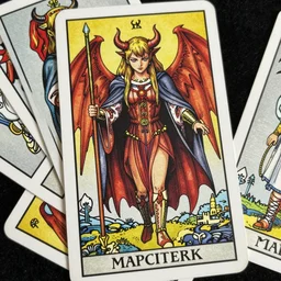 marisa kirisame, intricate, amazing line work, colorful, tarot cards, the devil tarot card