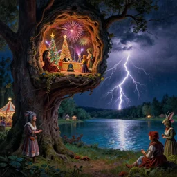 closeup of a night carnival around a magical in a summer storm, tree cavity with a music scenario with many fireworks and christmas lights, next to a lake with iridiscent lake water, volumetric lightning, folklore people disguised with fantastic creatures in a magical forest by summer night, masterpiece art by anders zorn, wonderful masterpiece by greg rutkowski, beautiful cinematic light, american romanticism thomas lawrence, greg rutkowski, scene by dark night environment