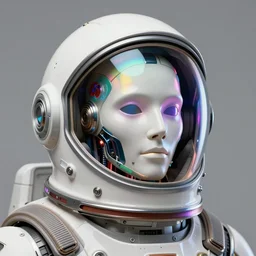 portrait of a biomechanical head inside a futuristic space helmet, vintage, neon, white metal, iridescent visor,  smooth, sharp focus, high detail, deviantart, art by Syd Mead and John Berkey,