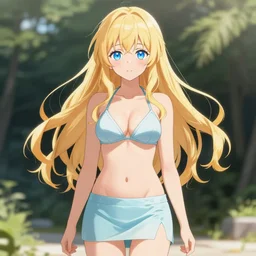 a very beautiful young anime girl, full body, long wavy blond hair, sky blue eyes, full round face, bikini, miniskirt, front view, mid - shot, highly detailed, cinematic wallpaper by wlop, trending on artstation
