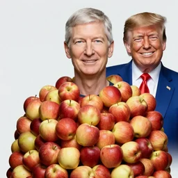 color studio photo of tim cook covered in apples with donald trump smiling