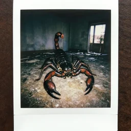 1 9 8 9 s polaroid photo of sinister humanoid scorpion in abandoned house