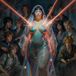 awe - inspiring award - winning concept art full body face portrait painting of attractive anglerfish cyberpunk chubby asian woman in neon shrouds as the goddess of lasers, sparks, by julie bell, jean delville, virgil finlay, alphonse mucha, ayami kojima, amano, charlie bowater, karol bak, greg hildebrandt, jean delville, frank frazetta, peter kemp, and pierre puvis de chavannesa, extremely moody lighting, glowing light and shadow, atmospheric, shadowy, cinematic, 8 k,