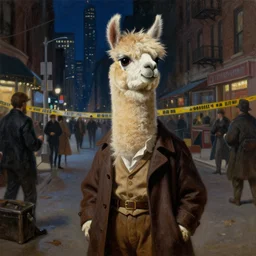 a personified anthro llama ( with llama face ) wearing a 1 9 4 0's noire detective outfit, standing in the streets of chicago at night looking at a crime scene, d & d, fantasy, intricate, artstation, sharp focus, oil painting, caravaggio,