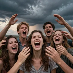 humans , emerging hands and beautiful women’s and men screaming laughing and crying face ,biodiversity all round , dramatic dusk light illuminate , stormy clouds gather in the distance , full colour , upscale , 8k
