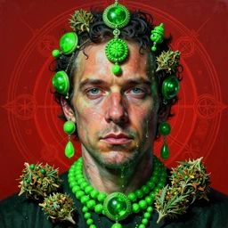 hyper realistic portrait painting of bill hader ( intricate detail, hot neon green ornaments, marijuana ) wet, marijuana buds, by saturno butto, boris vallejo, austin osman spare and david kassan, by bussiere. occult art, occult diagram, red and green color scheme.