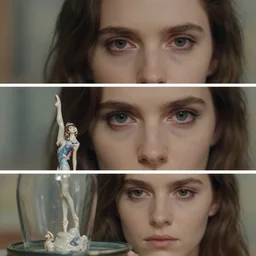 beautiful three point perspective film still of holly herndon in merce cunningham, extreme closeup portrait in style of frontiers in blade runner miniature photography fashion architectural art studio seinen manga edition, real - life porcelain statue in victorian glass jar, eye contact, anatomically correct, pointe pose, tilt shift background, soft lighting, cinestill 5 0 d, 8 k, macro, cinematic style by emmanuel lubezki