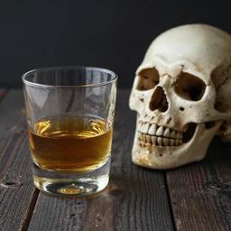 a glass of whiskey and a skull on a desk
