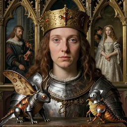 medieval jan van eyck cloeup face portrait of a tin toy goblin moth dragon wearing armour and young girl marriage portrait, nicoletta ceccoli, mark ryden, lostfish, hyung tae, frank frazetta, depth of field, detailed and intricate gothic environment, 8 k resolution, hyperrealistic, octane render