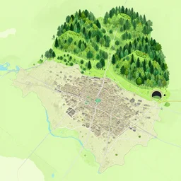 a map with two towns, three forests and one cave