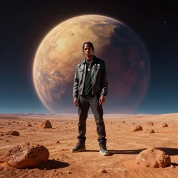 a photo of travis scott in the middle of a deserted planet, by weta digital, by weta fx, by wlop, cinematic, dramatic, intentional camera movement, ektachrome, perspective, colorful, post - production, vfx, insanely detailed and intricate, clods