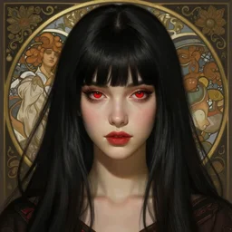 a beautiful girl with long black hair and bangs, red eyes, fantasy, portrait, sharp focus, intricate, elegant, digital painting, artstation, matte, highly detailed, concept art, illustration, ambient lighting, art by ilya kuvshinov, artgerm, Alphonse mucha, and Greg Rutkowski