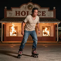 portrait photo still of danny trejo roller blading, in front of an old country store on fire at night, 8 k, 8 5 mm f 1. 8