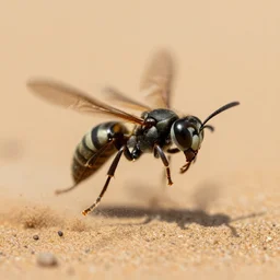 action photography, viewed from far away, award winning macro photo of a tiny ultra detailed black wasp flying fast in desert sand, dirt and dust, fast shutter speed, motion blur, tiny gaussian blur, highly detailed, highly intricate, depth of field, national geographic