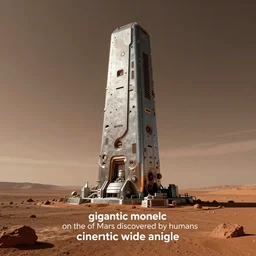 “gigantic metal monolith on the surface of Mars discovered by humans cinematic wide angle”