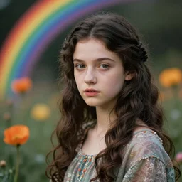 pre-raphaelite cute girl with dark rainbow and flowers in the background, blurred detail, photo by Annie Leibovitz