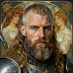 realistic detailed face portrait of a grizzled viking warrior in heavy dieselpunk armor by alphonse mucha, ayami kojima, amano, greg hildebrandt, and mark brooks, male, masculine, art nouveau, neo - gothic, gothic, character concept design