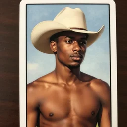 tarot card of a beautiful shirtless black cowboy in a cowboy hat, green background with silver trim, homoerotic, art deco, art nouveau, trending on artstation