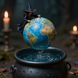 A witch drops an accurate, detailed tiny globe into a cauldron, gothic, fantasy, trending on ArtStation