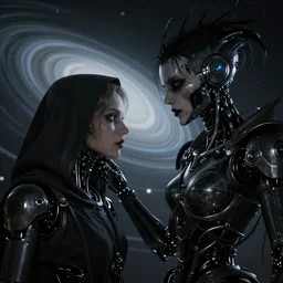 beautiful hyper realistic, technology, forlorn grim reaper queen, retrofuturism, highly detailed, artgerm, artstation, deviantart, black, malicious, dark, extreme closeup three-quarter android portrait, tilt shift LaGrange point orbit background, three point perspective, focus on portrait of two androids; pointé pose; eye contact, kinemacolor, soft lighting