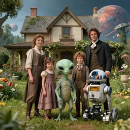 detailed, sharp, a family standing with their cute pet humanoid alien creature and droid, wearing 1860s era clothes, in the garden of a house on an strange alien planet, extremely highly detailed, hyperrealistic, highly detailed faces, 70 mm still from a period sci fi movie, 4k