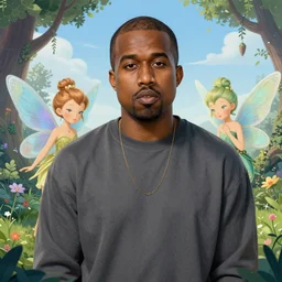 portrait of kanye west stars in the sky fairies with detailed faces enchanted forest on the ground psychedelic wide angle shot white background vector art illustration gears of war by hieronymus bosch and frank frazetta