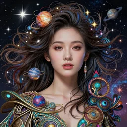 a super realistic beautiful young womans face, magical, space stars and planets in her hair, windblown, intricate, synth-wave, retrowave, colorful,  highly-detailed, elegant, dramatic lighting, gorgeous face, lifelike, photorealistic face, long luxurious intricate gown, digital painting, artstation,  illustration, concept art, smooth, sharp focus, art by Jude Palencar, John Collier, artgerm, and Albert Aublet and Krenz Cushart and Artem Demura and Alphonse Mucha