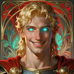 the pale blond male praetorian centurion lucius smirking, sci fi, glowing eyes, volumetric lights, red and cyan theme, art nouveau botanicals, intricate, highly detailed, digital painting, artstation, concept art, smooth, sharp focus, cinematic, illustration, beautiful face, art by artgerm and greg rutkowski and alphonse mucha