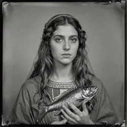 tintype of a high priestess of dagon. cursed with fishlike appearance. beautiful woman. high priestess. 4k. daguerreotype