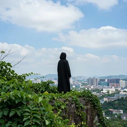 a cloaked figure looking toward the sky, standing on a cliff far above a city, overgrowth of foliage and vines, photorealistic, colorful, wide angle, 4 k photography