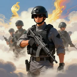 special forces in grey uniforms black armored vest black helmets in mali clouds, epic scene, by victo ngai, kilian eng vibrant colours, dynamic lighting, digital art, winning award masterpiece, fantastically beautiful, illustration, aesthetically inspired by beksinski and dan mumford, trending on artstation, art by greg rutkowski, 8 k