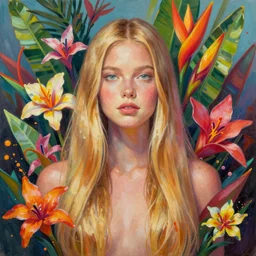symmetry!! attractive girl surrounded by colorful tropical flowers and plants, upper body face shot, long straight blonde hair, visible face : : portrait, painting, splash, jesper ejsing, by rhads, makoto shinkai and lois van baarle, ilya kuvshinov, ross tran, borderlands artworks in 4 k