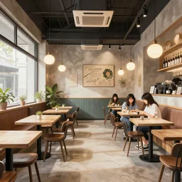 cool trendy cafe interior, extremely detailed, sharp focus, wide view, full body shot, smooth, digital illustration, by james jean, by rossdraws, frank franzzeta, mcbess, sakimichan