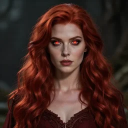 beautiful female sorceress, dungeons and Dragons, red hair, glowing eyes, photoreal