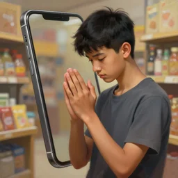 a male teenager praying for a divine giant smartphone, short black hair, small beard, digital painting, masterpiece, digital art, concept art, trending on deviantart, oil painting, high coherence, anatomically correct, five fingers, high quality, highly detailed, divine, a shop in the background, bokeh, artgem, geometrically correct