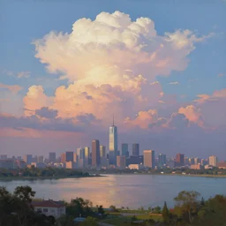 oil painting of a futuristic city near to a big lake, cumulonimbus clouths, sunset, nostalgic, very very very beautiful art, cinematic lighting,, bright pastel color, blue sky