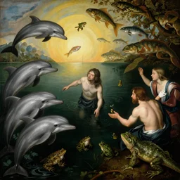 a deep lake filled with fish people, dolphins, flippers hybrid half man half fish, lizards, toads, jumping flying and eating frogs, by hieronymus bosch