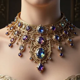 historical, art nouveau, ornate, delicate, royal, renaissance, brilliant magical gemstones choker, around a neck, octane render, realistic, dramatic light, 3 d, photograph 4 k,