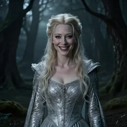 portrait of ((mischievous)), baleful young, smiling, brown eyed (Cate Blanchett) as Galadriel as a queen of fairies, dressed in a beautiful silver dress. The background is a dark, creepy eastern europen forrest.  night, horroristic shadows, high contrasts, lumnious,  photorealistic, dreamlike, (mist filters), theatrical, character concept art by ruan jia, John Anster Fitzgerald, thomas kinkade, and J.Dickenson, trending on Artstation