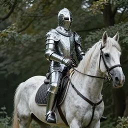 a knight with glass and thorns armor riding a horse with dappled light coming through the trees