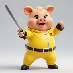 Miss Piggy in yellow motorcycle suit swordfighting, Kill Bill, photo, 4k, detailed