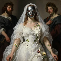 The beautiful woman in steel full-face mask under the white veil wearing a white dress and covered with melted white candle wax, flowers and plants grow on her skin, by Michelangelo da Caravaggio, Ilya Repin, William Blake and Beksinski, dramatic volumetric lighting, full body portrait, highly detailed oil painting, 4k, masterpiece